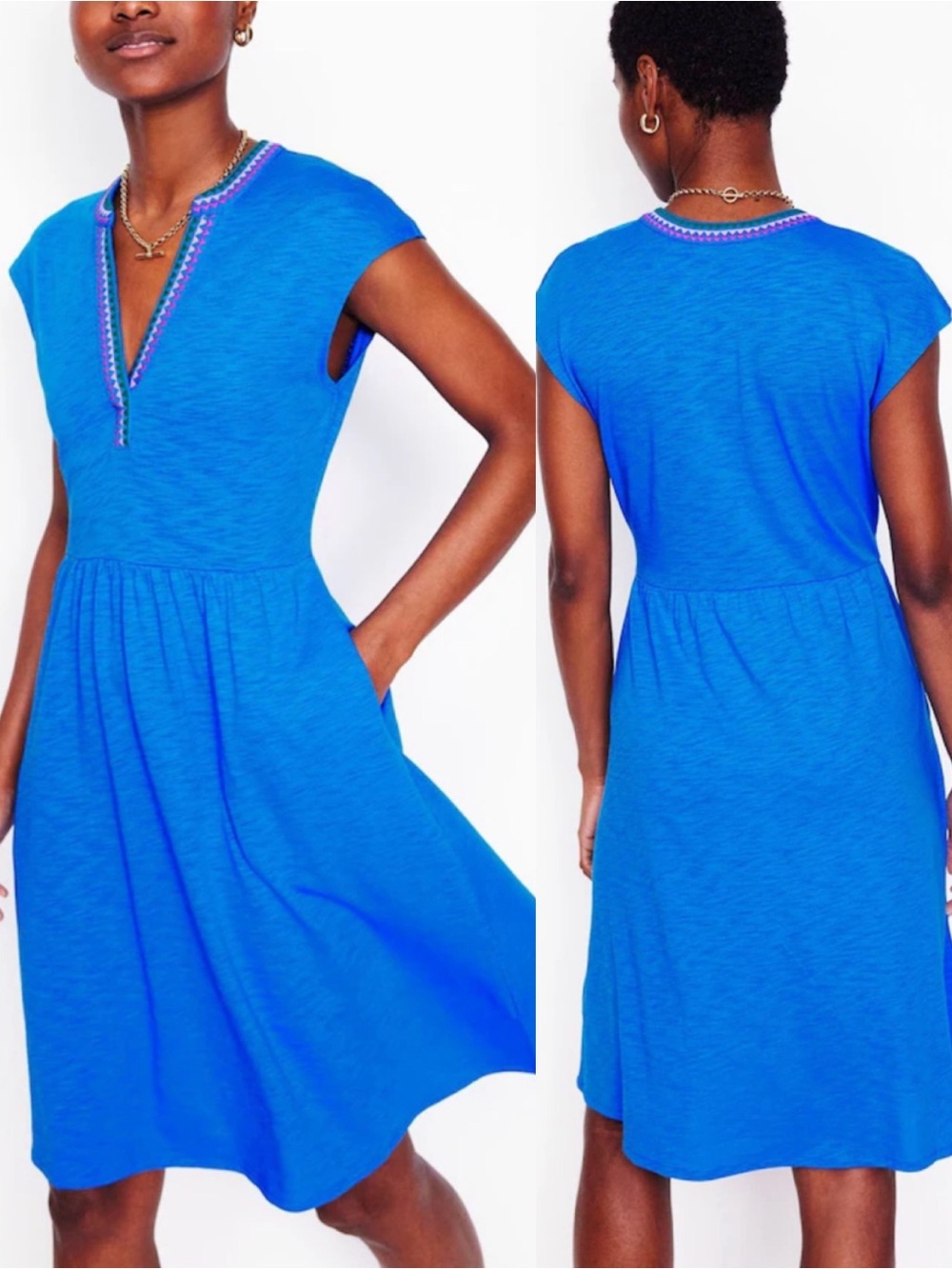 Boden Chloe Embroidered Short Dress Cotton Preppy Coastal Boho Bohemian Blue